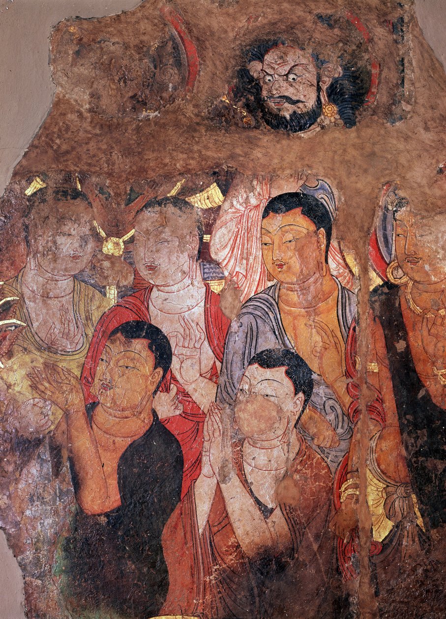 佛教："僧侣和菩萨群"（或菩萨）（菩萨和僧侣）8 世纪中国石室寺院壁画的残片。尺寸 144x101 厘米 圣彼得堡艾尔米塔什博物馆 作者 中文学校