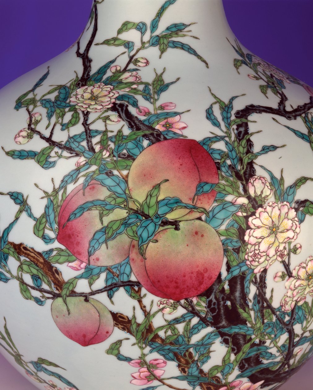 宏伟的粉彩玫瑰九桃球状花瓶的细节，1735-1795年 作者 中文学校
