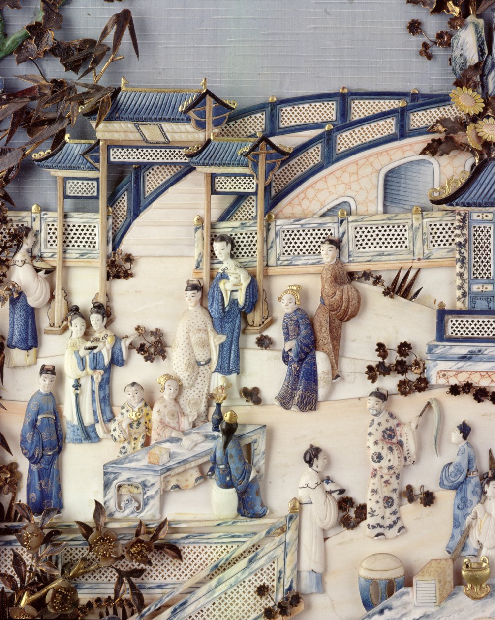 干隆时期，1736-95（多彩象牙）露台上描绘人物的小组细节（见203572） 作者 中文学校