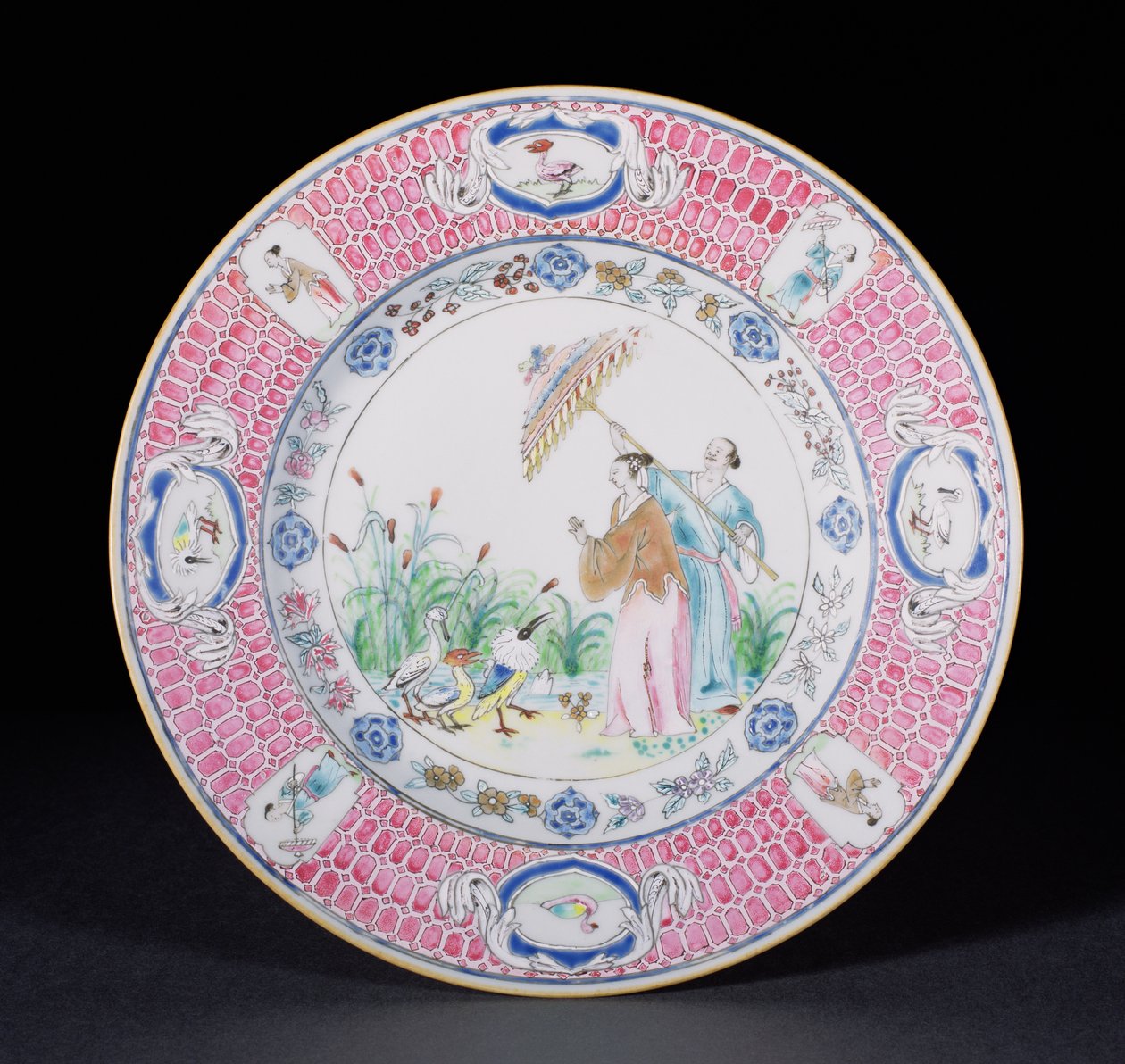 在Cornelis Pronk（1691-1759）干隆时期（1736-95）c.1734（瓷器）的设计之后，描绘了La Dame au Parason的Famille Rose绘制的餐盘 作者 中文学校