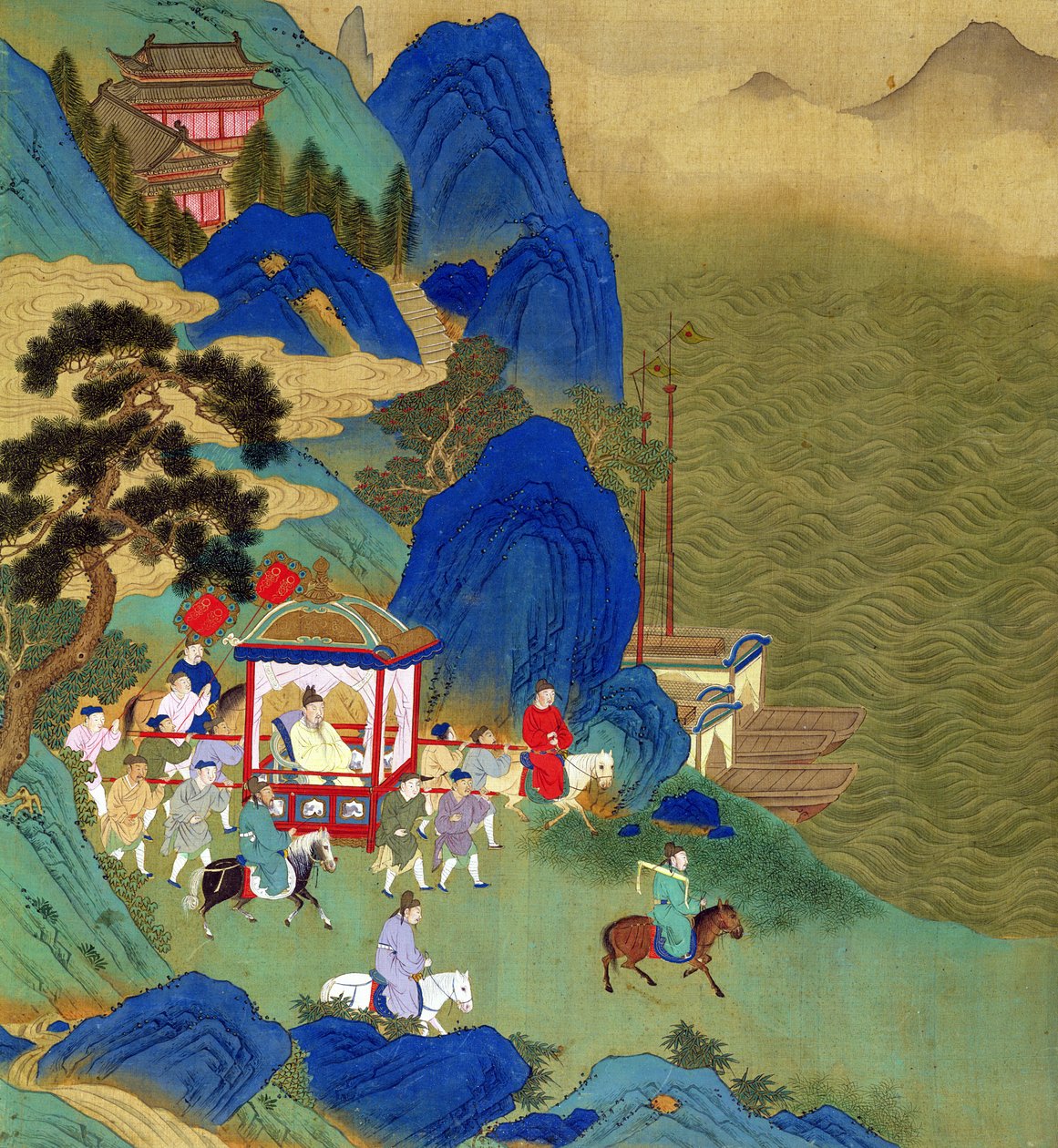 帝王钦帝（公元前221-206）乘坐轿子旅行，来自中国皇帝的历史（丝绸上的颜色） 作者 中文学校