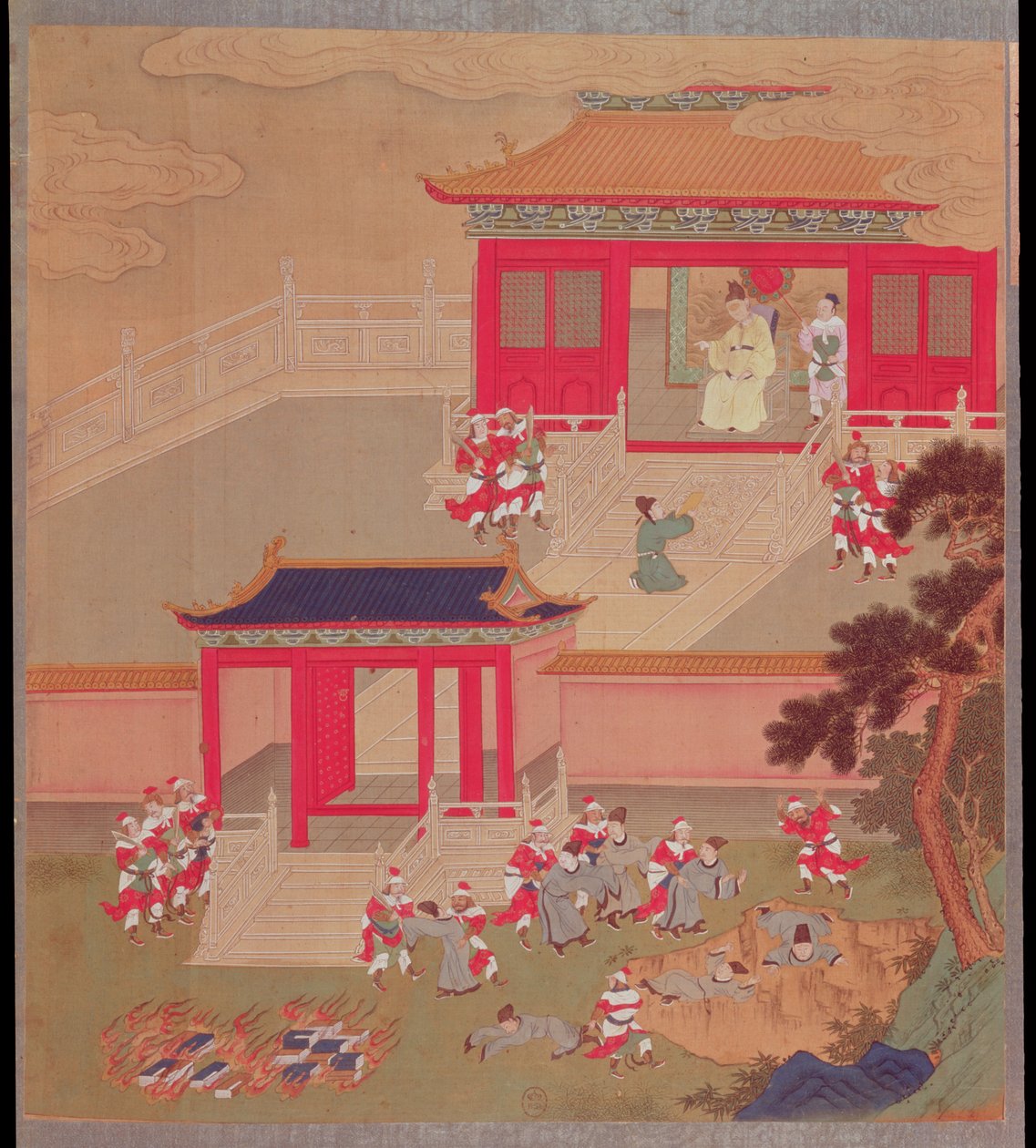 帝王钦帝（公元前221  -  210年）烧毁了所有中国书籍，并将学者们扔进深谷，这是公元前213年中国皇帝的历史（丝绸上的颜色） 作者 中文学校