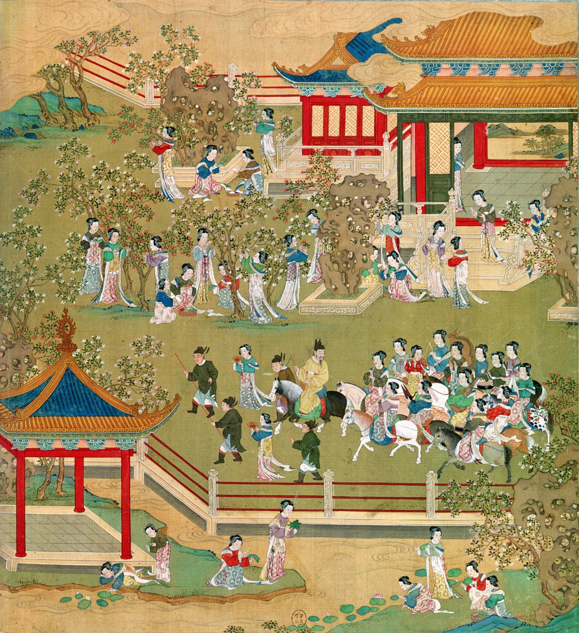 皇帝杨缇（581-618）与他的妻子在他的花园里漫步，来自中国皇帝的历史（丝绸上的颜色）（另见176855） 作者 中文学校