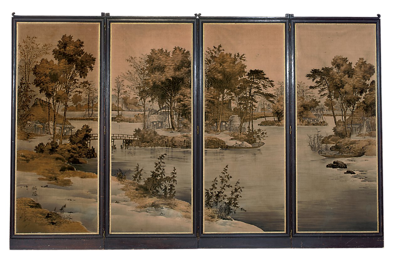 带有天鹅绒面板的四折屏风，以磨砂色调编织河景 作者 中文学校