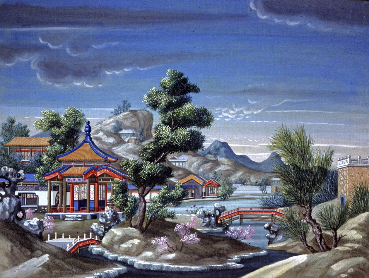 中国风景，约 1850 年（丝绸水彩画） 作者 中文学校