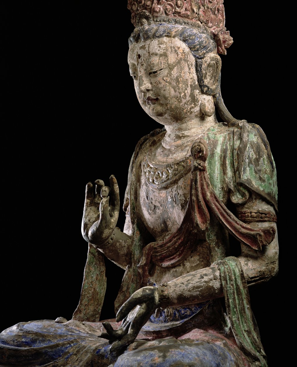 金大朝（1115-1234）（木材和颜料）（详见）（参见206546）大型坐着的菩萨，双手举起 作者 中文学校