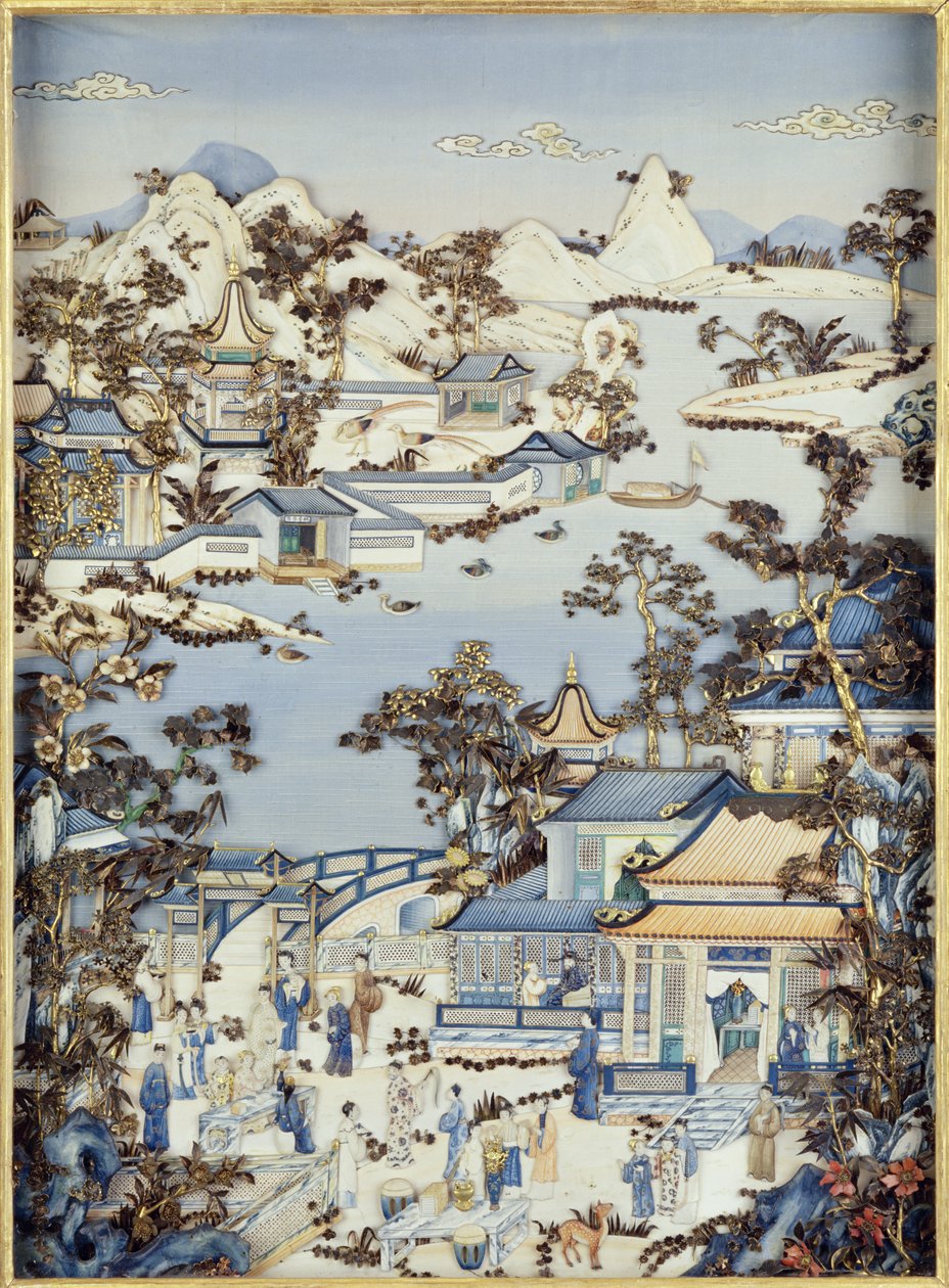 干隆时期，1736-95（多彩象牙）（一对中的一个）露台上描绘人物的小组（见206571,206573） 作者 中文学校