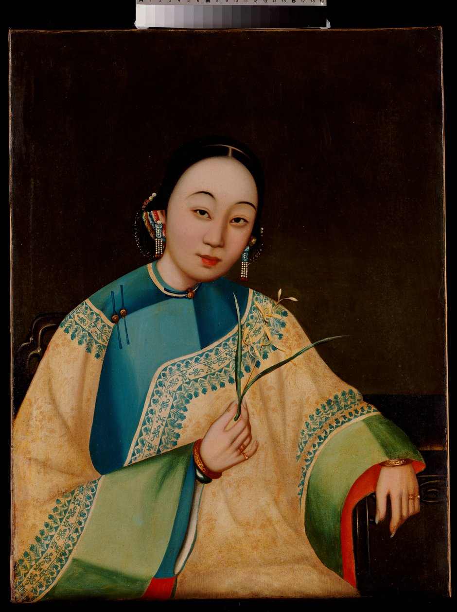 十九世纪中叶，手持绣花长袍，坐在绣花袍上的宫廷女士肖像 作者 中文学校