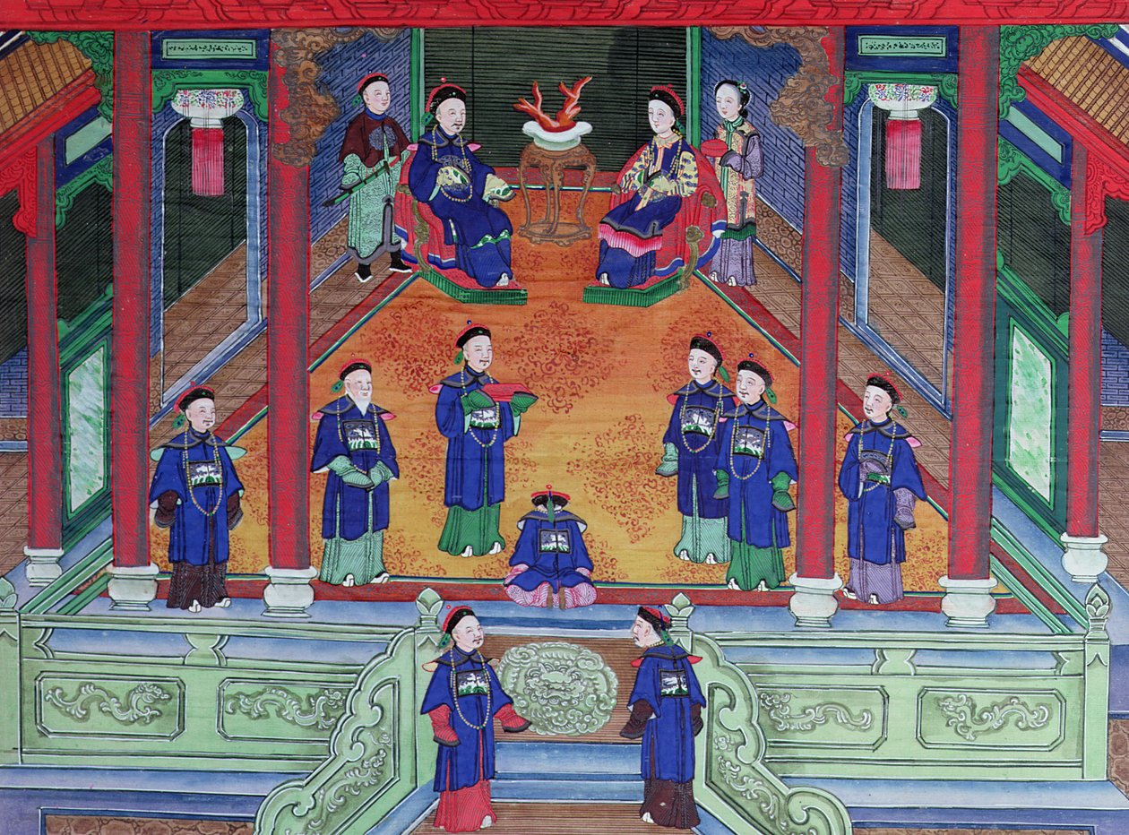 在家里描绘一位中国皇室官员与妻子坐在一起的场景（丝绸上的水粉） 作者 中文学校
