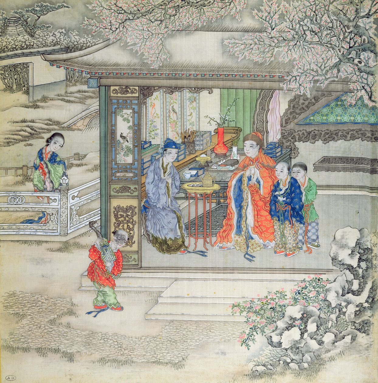 一个家庭接待游客的花园里的场景（丝绸上的水粉） 作者 中文学校