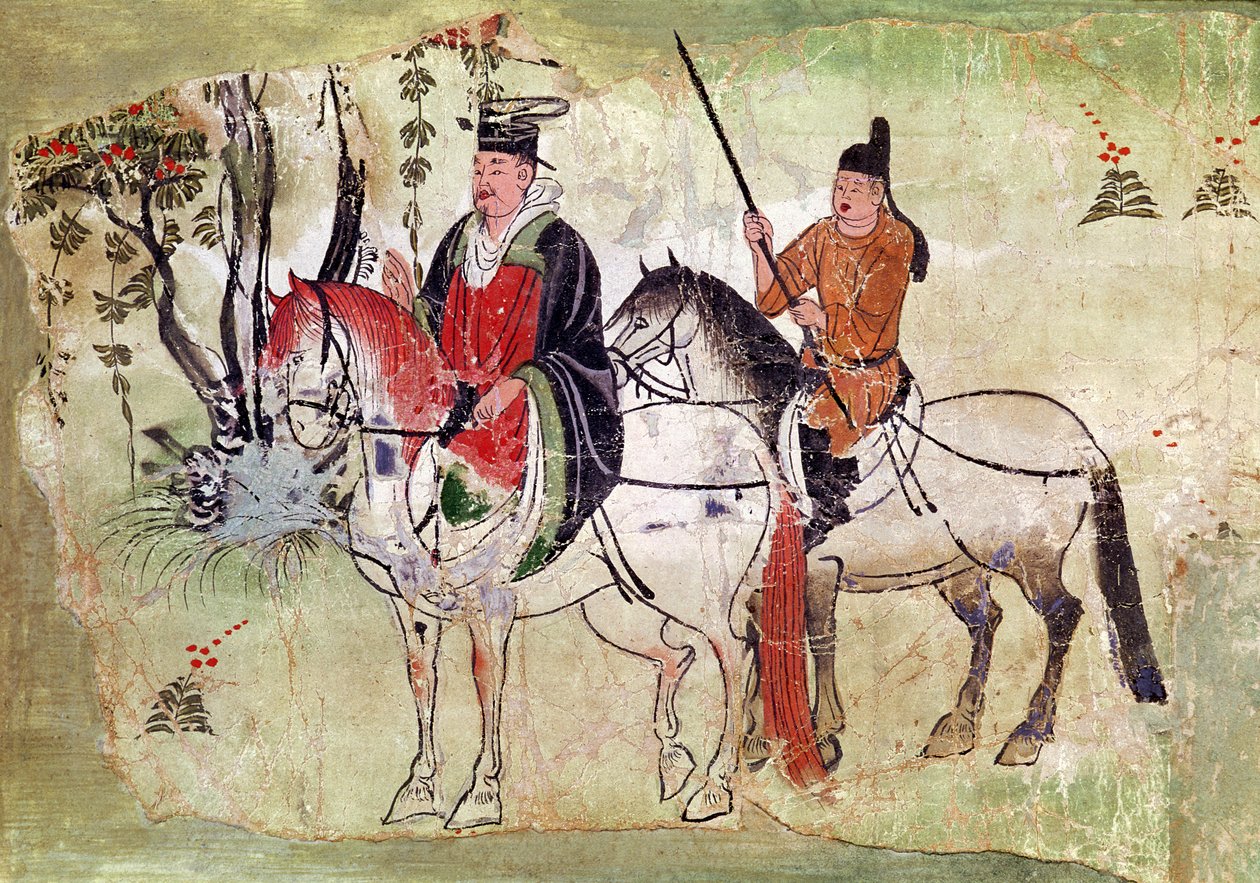 两个骑士在风景中，或Boddhisatva和他的Equerry，唐时期（彩绘石头） 作者 中文学校