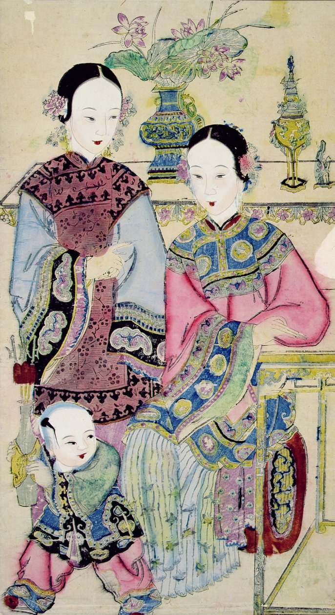 两个带小孩的女人，杨柳青（彩色木版画） 作者 中文学校