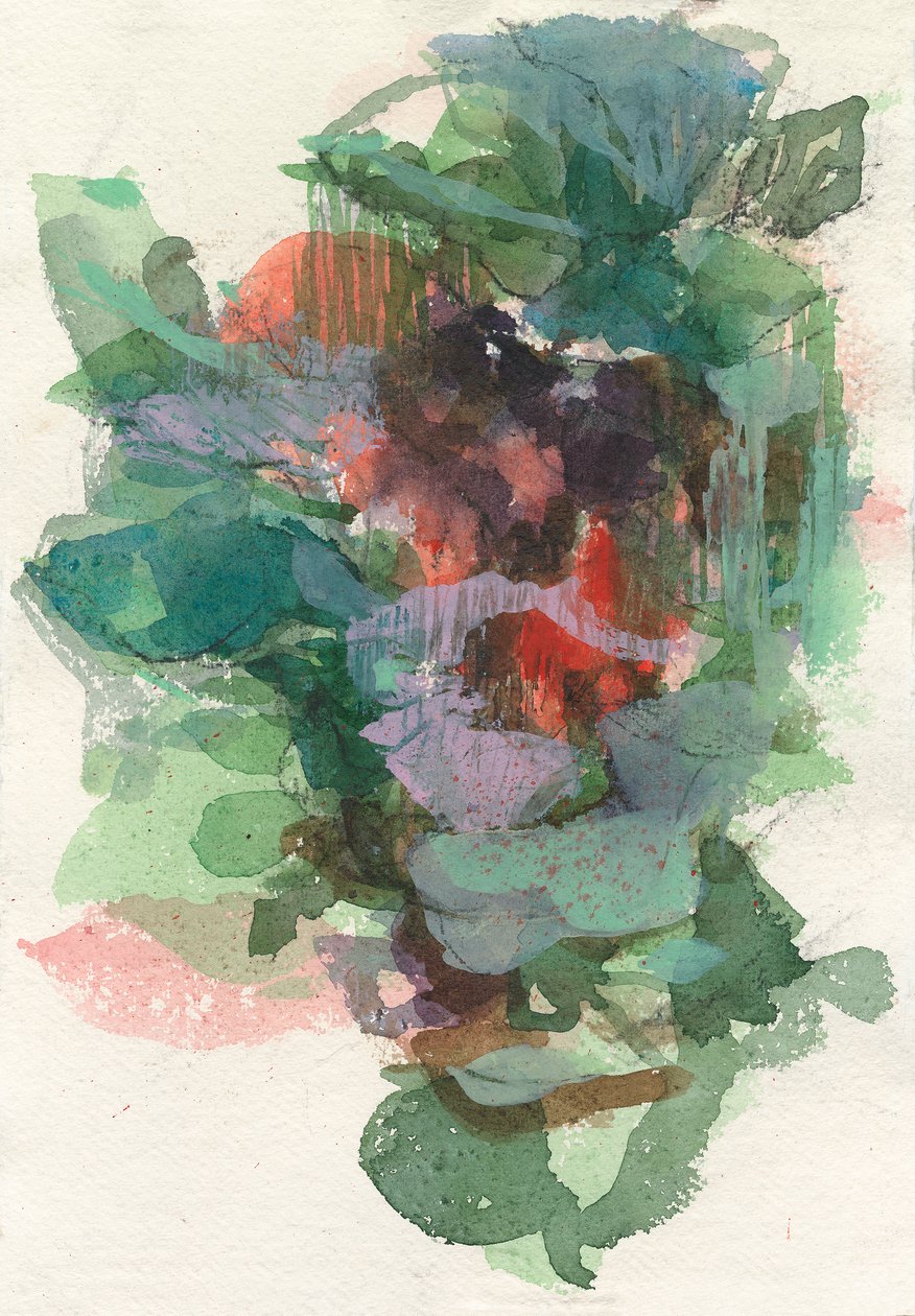 抽象构图，有机形态/植物系列，2021 年，水彩画纸上的水彩、墨水、木炭和水粉画 作者 曹庆芬