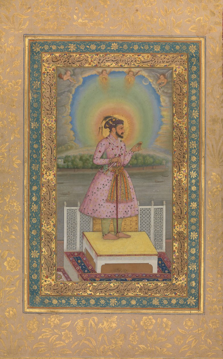 Shah Jahan在露台上，手持印有其肖像的吊坠，Folio...，1627-28。 作者 Chitarman