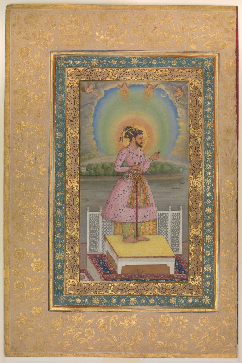 Shah Jahan在露台上，手持肖像吊坠套装，Shah Jahan专辑对开本，记录：1627–28 作者 Chitarman