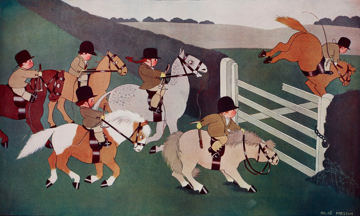 撞门者，骑马的骑师，克洛伊-普雷斯顿（1887-1969 年）的漫画，选自《Tatler》，第 1435 期，12 月 26 日 作者 克洛伊·普雷斯顿