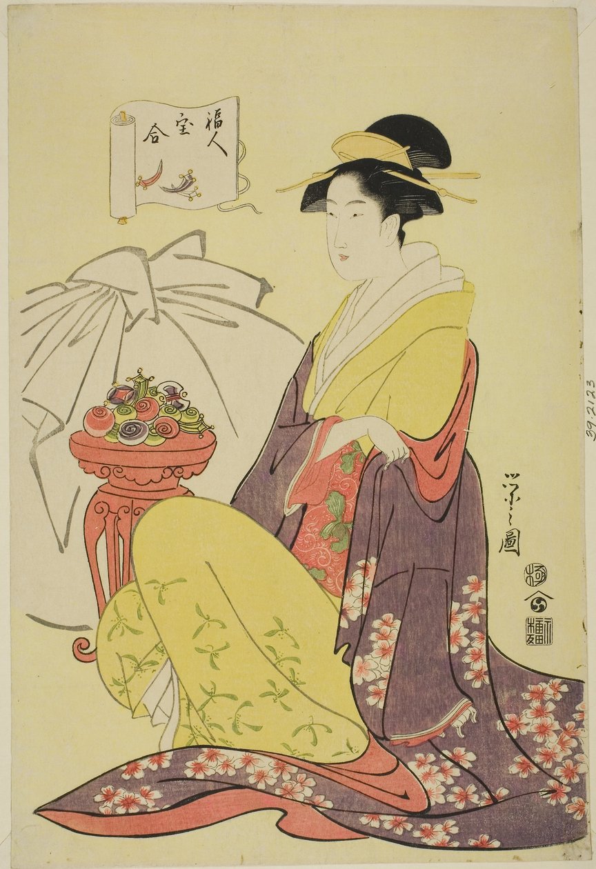 Hotei，选自 "财神宝物比较（Fukujin takara awase）"系列，约 1795 年（彩色木版画；荞麦面） 作者 Chobunsai eisi