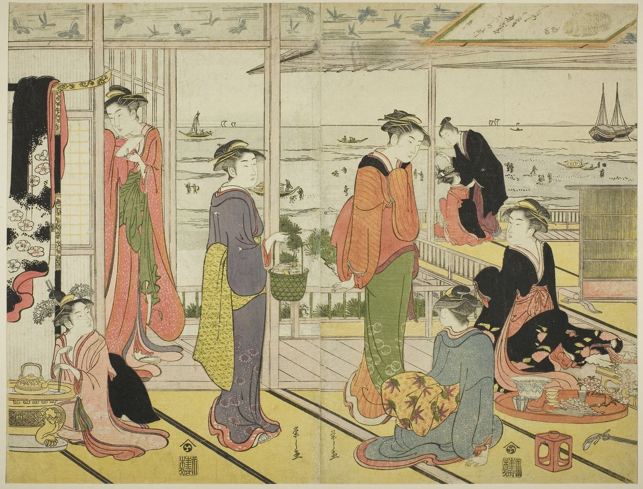 品川的妓院（品川之恋）（彩色木刻版画；两张来自韫三联画） 作者 Chobunsai eisi