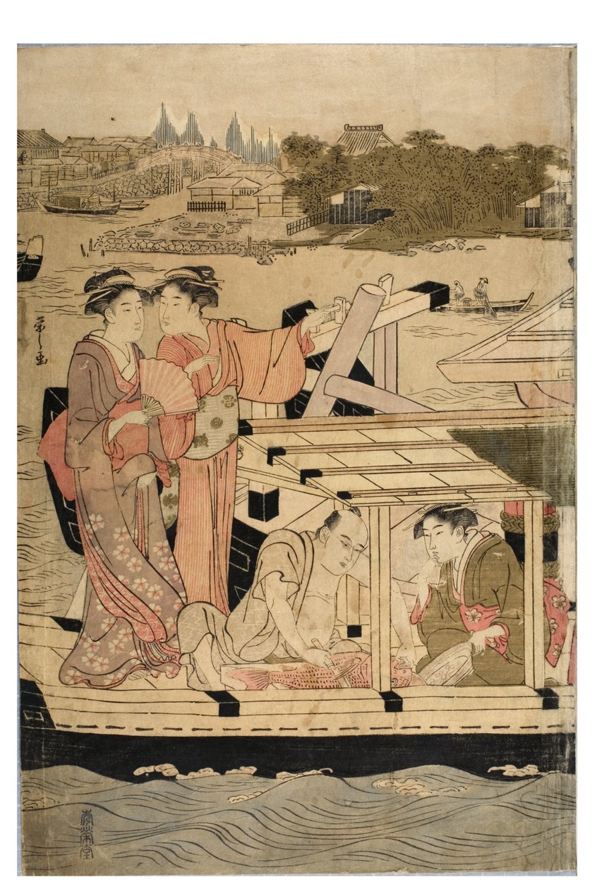隅田川场景的横幅五联画的一部分 作者 Chobunsai eisi