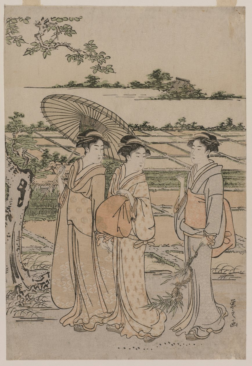 三位妇女在乡村漫步 作者 Chobunsai eisi