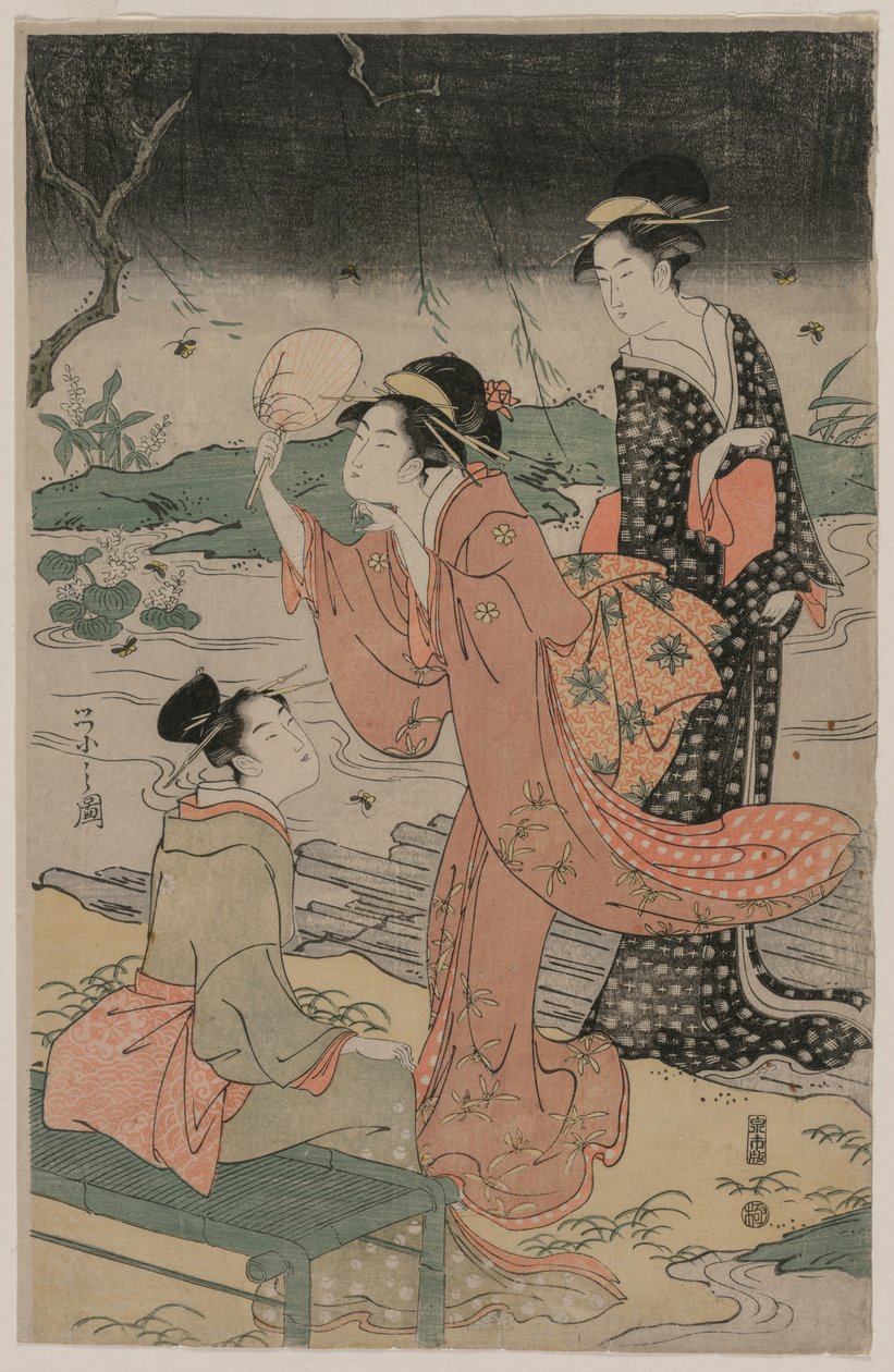 溪边追逐萤火虫的妇女 作者 Chobunsai eisi