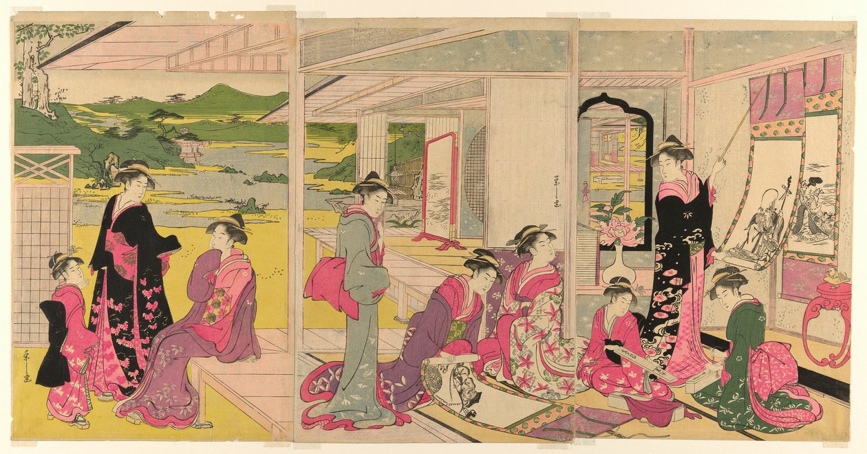 妇女观看福神卷轴画 作者 Chobunsai eisi