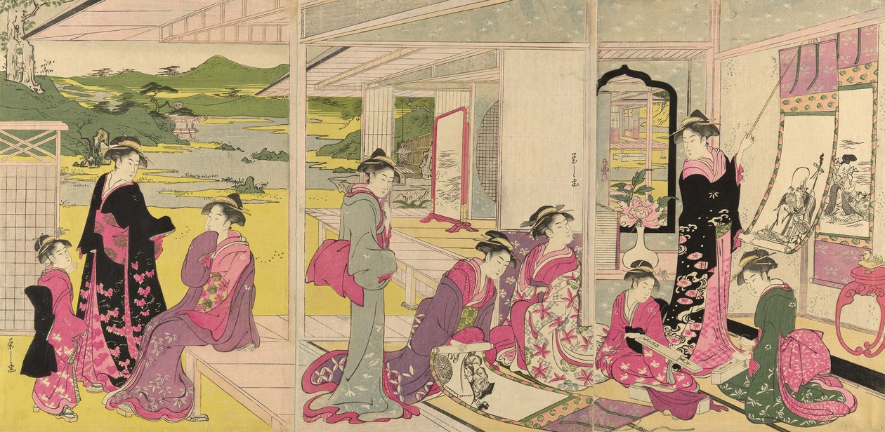 妇女观看吉祥神的卷轴画 作者 Chobunsai eisi