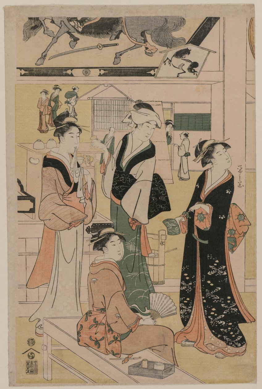 在寺庙范围内参观茶摊的妇女 作者 Chobunsai eisi
