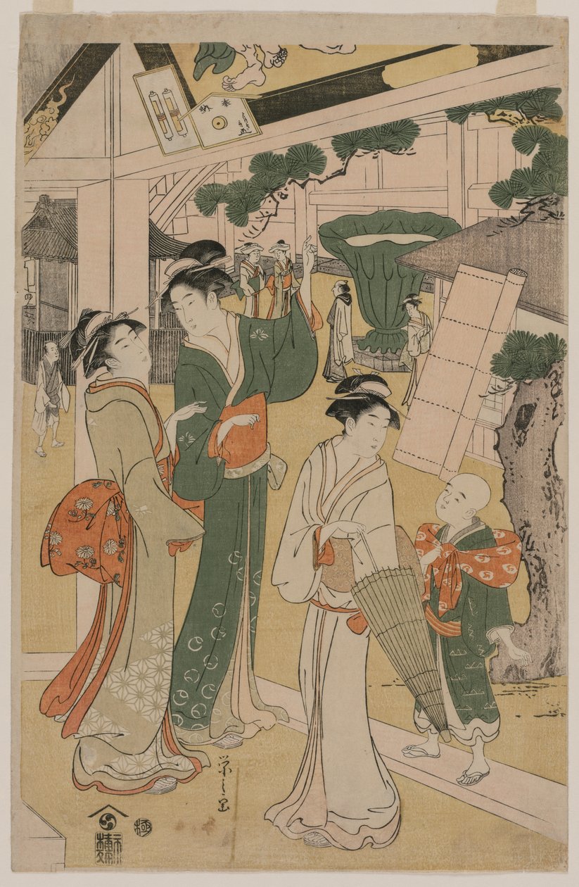 在寺庙范围内参观茶摊的妇女 作者 Chobunsai eisi