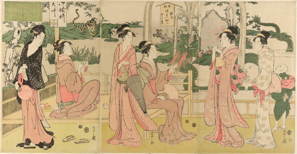 妇女观赏用烟袋制作的龙和虎 作者 Chobunsai eisi
