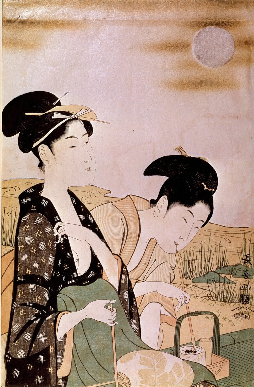 赏月：两个女人在抽烟。Choki Eishosai（活跃于18世纪末至19世纪初）的版画作品 作者 Choki Ice Husai
