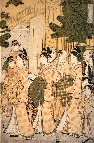 新年青楼美女巡游（彩色木刻版画）（277782号对）。 作者 Choki Ice Husai