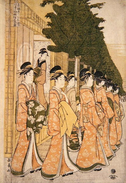 新年青楼美女巡游（彩色木刻版画）（277783号对）。 作者 Choki Ice Husai