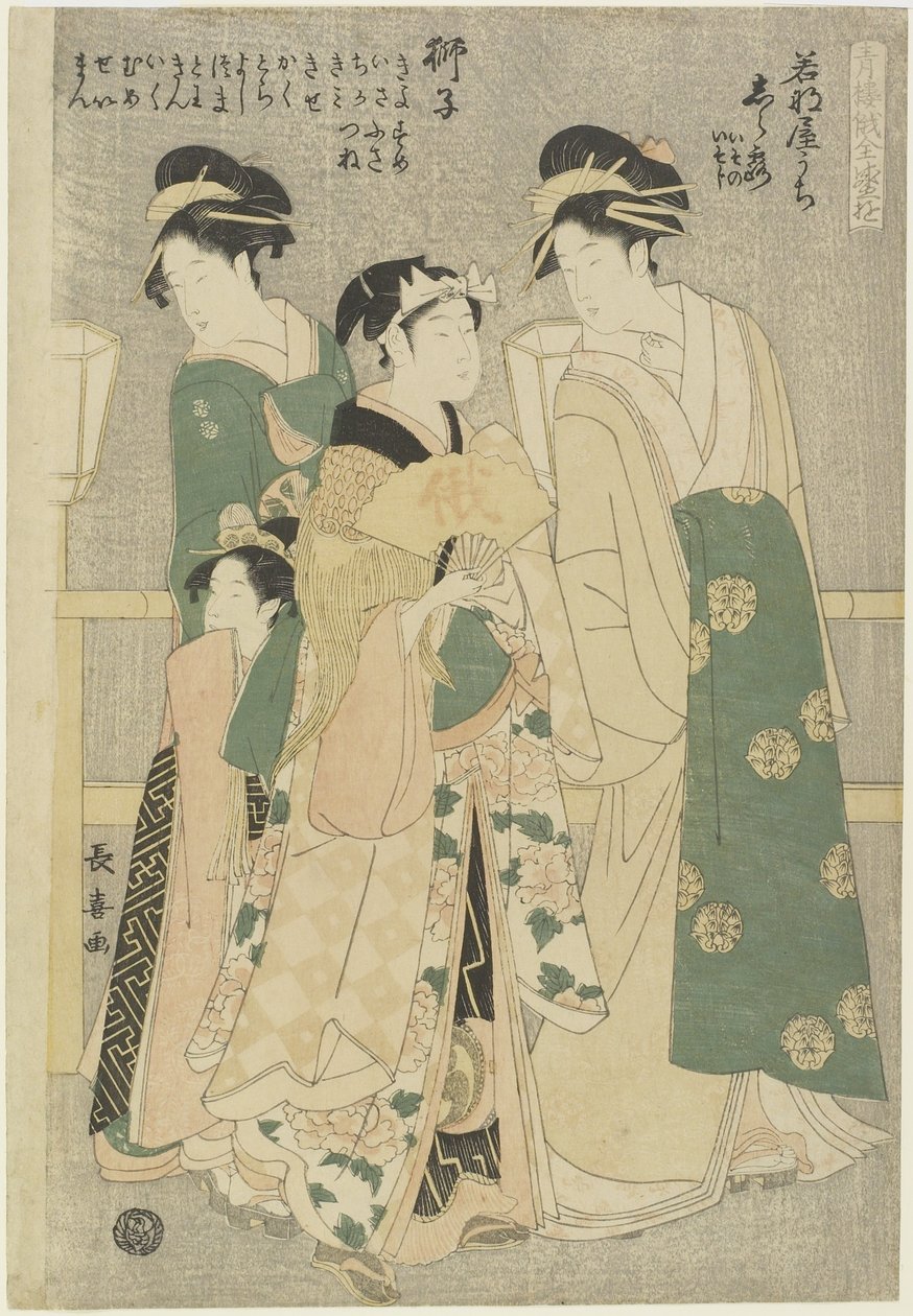 Wakafune-ya House的三位妓女：Shiratsuyu，Isono和Isoji，c.1794 作者 Choki Ice Husai