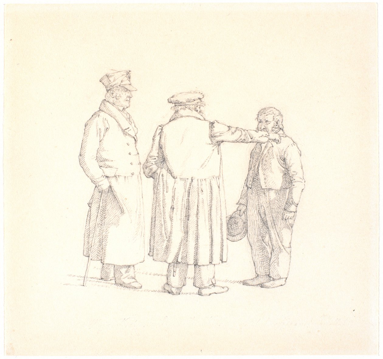 三个人在交谈；面包师 Købke 面朝后坐在中间，Krohn 少校在左边，奴隶中士 Sprøch 在右边。 作者 克里斯汀·科布（ChristenKøbke）