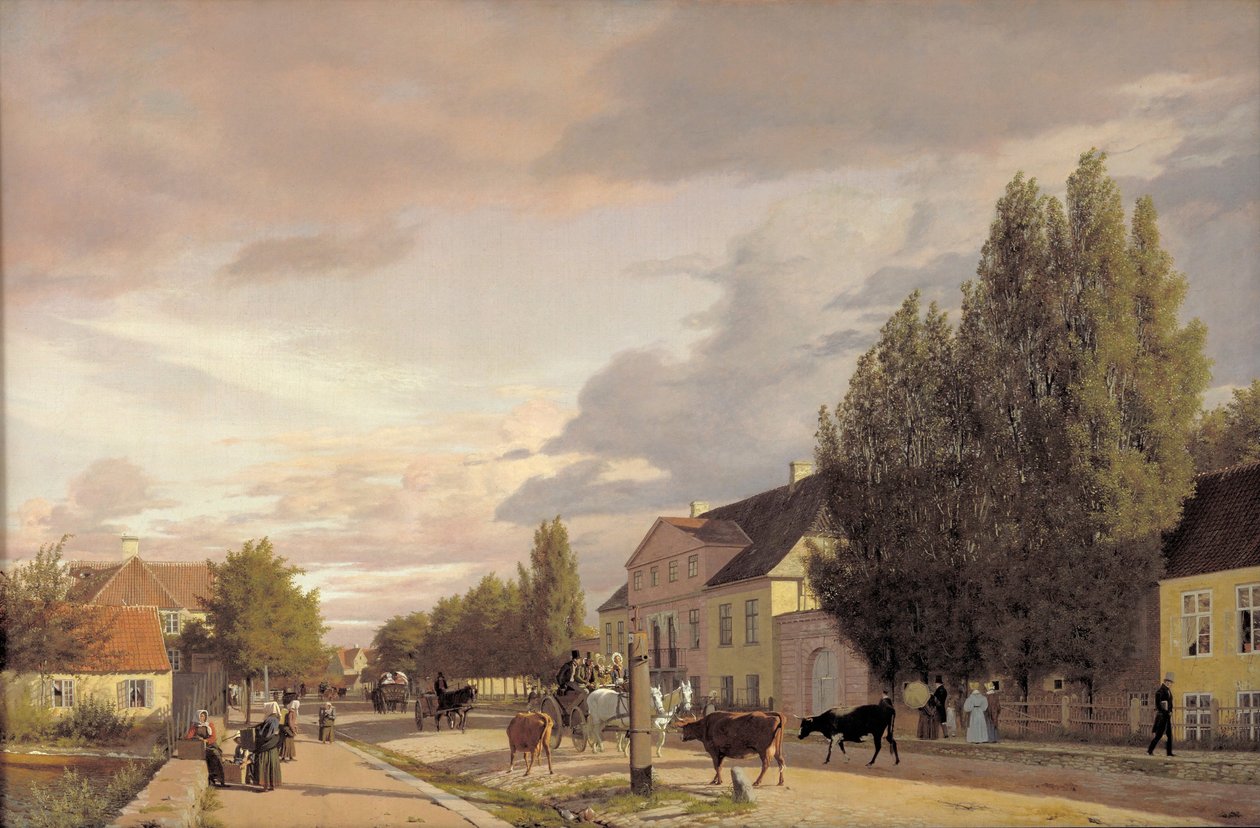 一条街道的看法在Østerbro的在哥本哈根之外。 1836年的晨光 作者 Christen Schjellerup Købke
