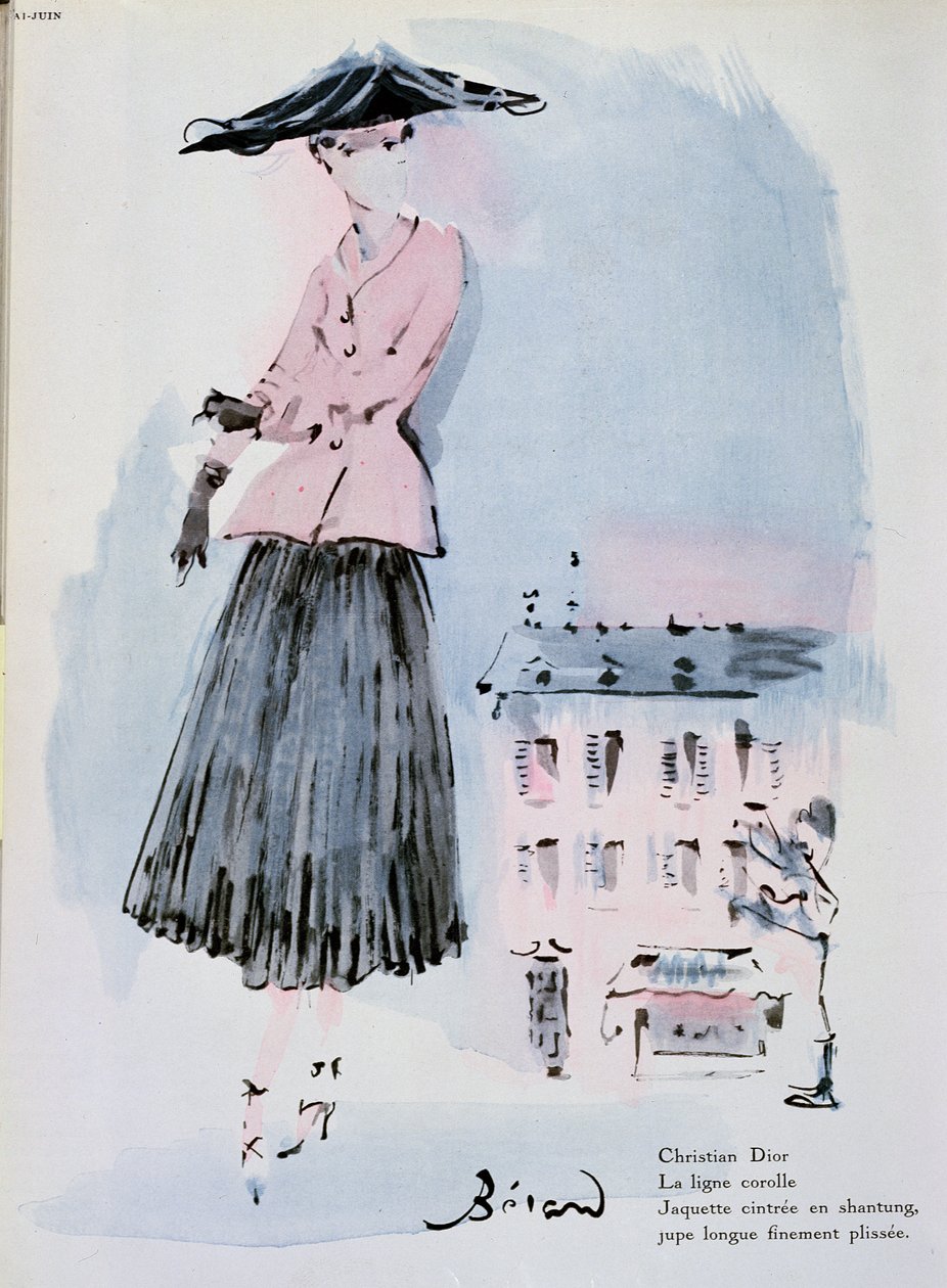 Christian Dior 设计的时装盘，《Vogue》杂志插图，1947 年 6 月（彩色雕刻） 作者 克里斯蒂安·贝拉尔