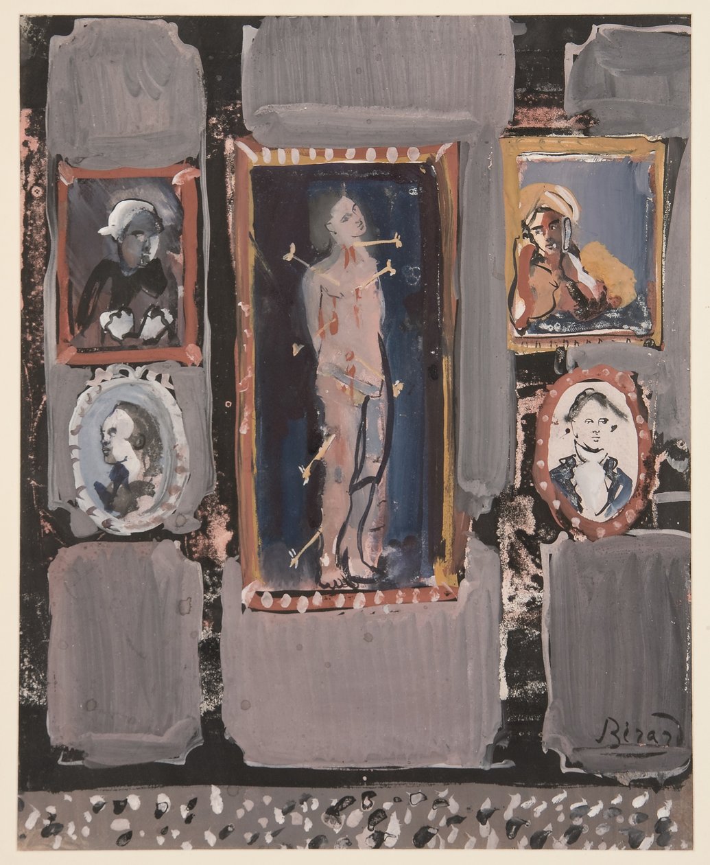 灰色背景上的圣塞巴斯蒂安，约 1935-1945 年（纸面水粉画） 作者 克里斯蒂安·贝拉尔