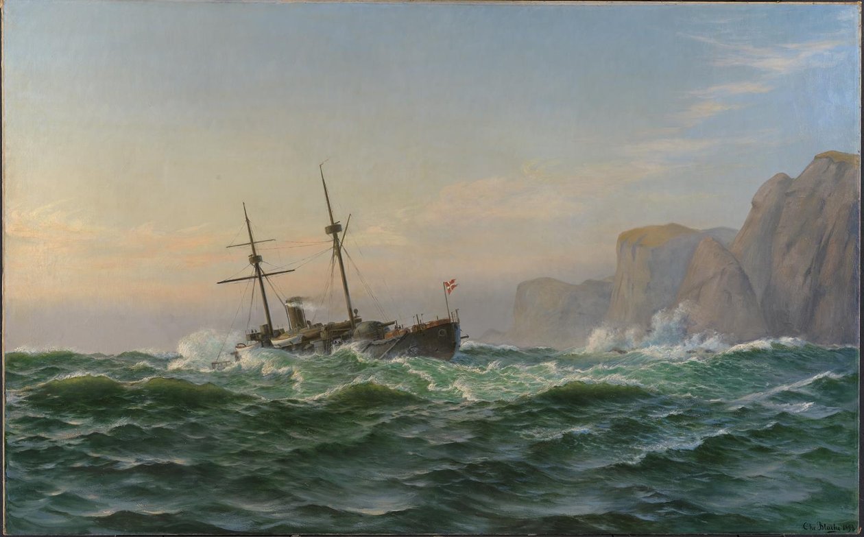 1893 年夏，装甲舰 "Iver Hvitfeldt "号在驶往特隆赫耶姆（Trondhjem）的途中经过福尔比耶里特港（Forbjerget Stat）。 作者 克里斯蒂安·布拉奇