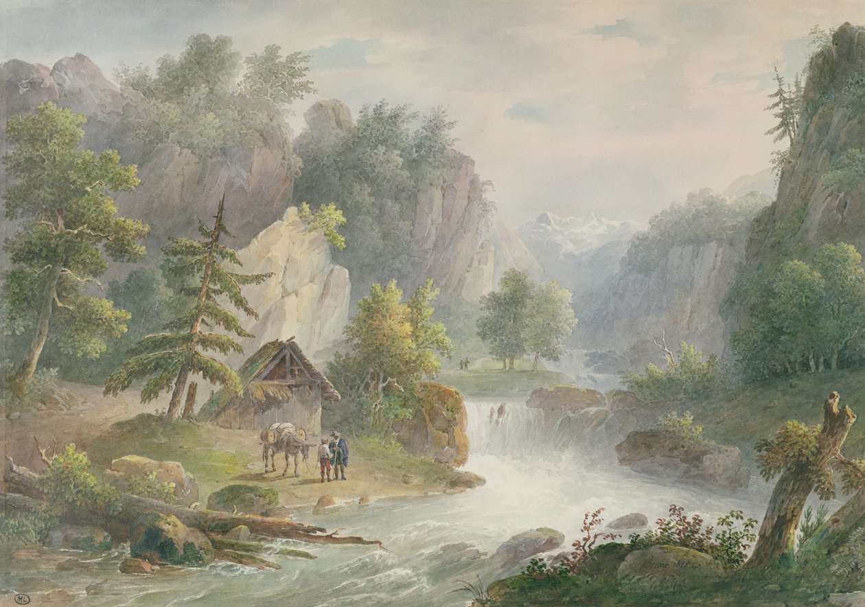 山区景观与洪流，1825年（纸上wc） 作者 克里斯蒂安·布鲁恩