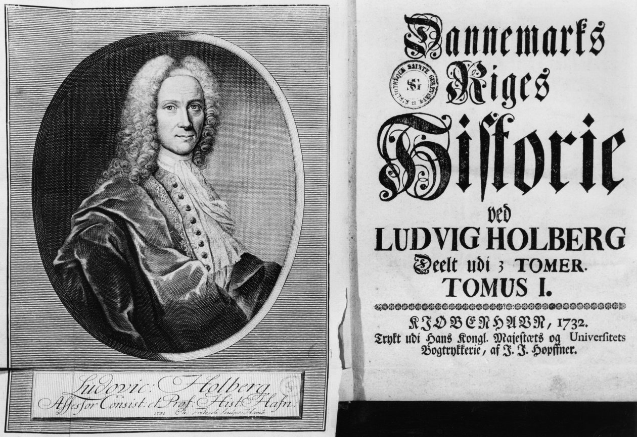 Baron Ludvig Holberg（1684-1754）和他的丹麦历史第一卷的标题页，于1732年在哥本哈根出版 作者 克里斯蒂安·弗里德里希·弗里茨奇