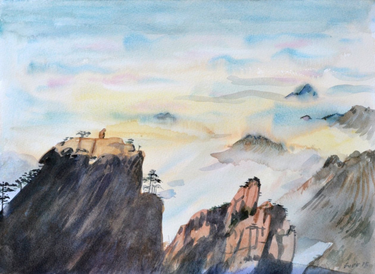 石猴凝望云海，2015（纸本水彩画） 作者 克里斯蒂安·福尔