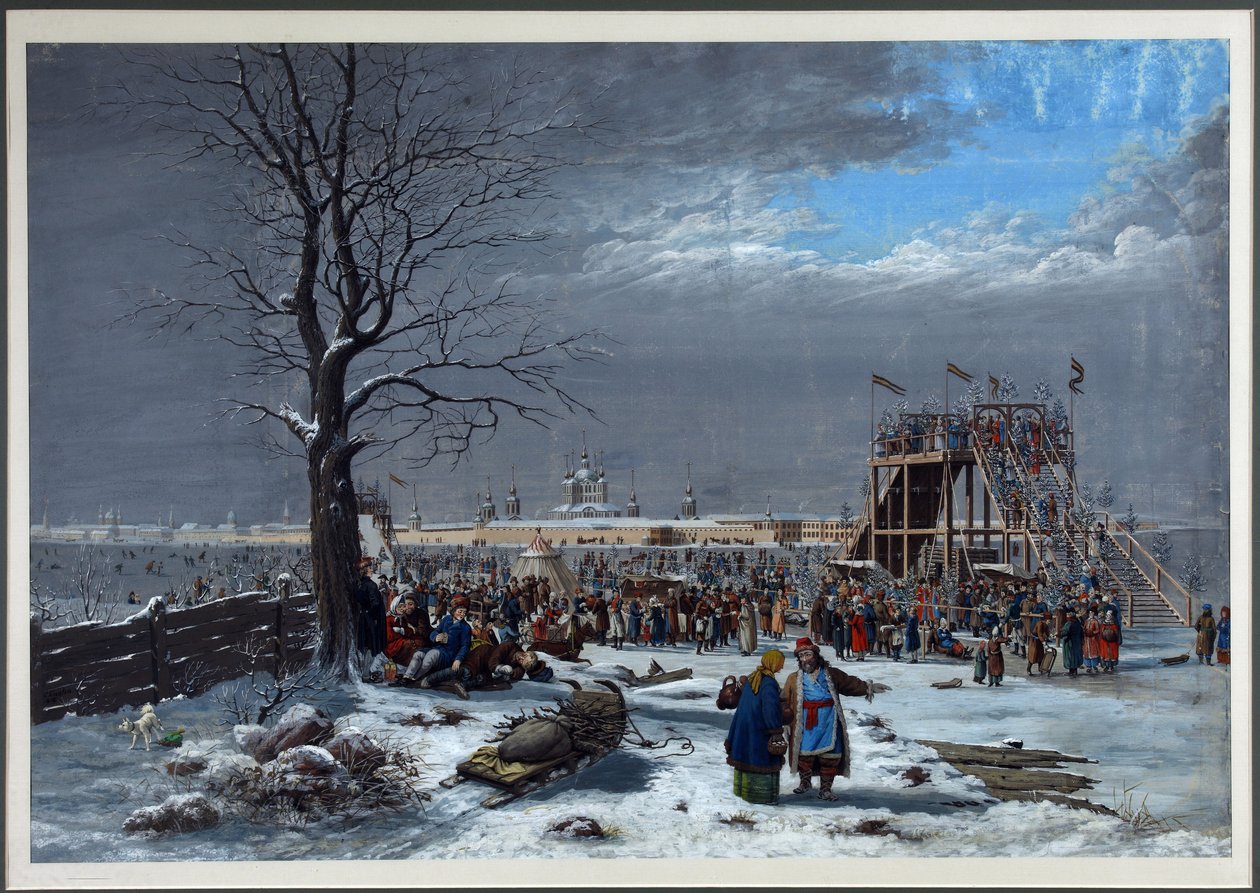The roller coasters on the Neva near the Smolny Convent in Saint Petersburg - Christian Gottfried Heinrich Geissler (1770-1844). Copper engraving, watercolour 作者 克里斯蒂安·戈特弗里德·盖斯勒