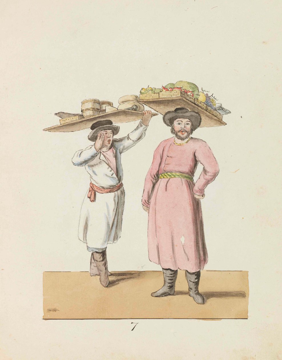 卖水果的人和卖奶酪和鲱鱼的农民 来自《圣彼得堡》系列，1799年。 作者 克里斯蒂安·格特弗里德·海因里希·盖斯勒