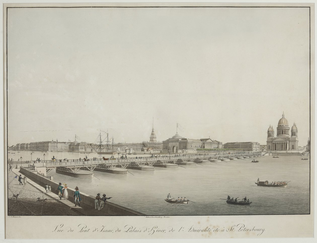 彼得堡圣以撒桥的景色 - Christian Gottlieb Hammer (1779-1864)。 蚀刻，水彩，1820 年前。圣彼得堡历史国家博物馆 作者 克里斯蒂安·戈特洛布锤