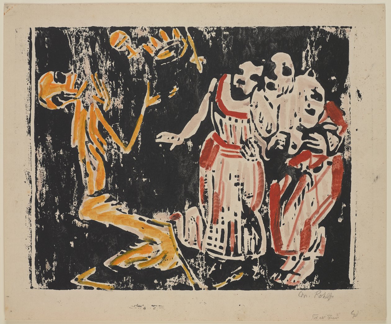 死亡作为变戏法者（革命）（Tod als Jongleur [Revolution]），1918-19（在重型编织纸上用黄色，红色和黑色的彩色木刻） 作者 克里斯蒂安·罗夫斯