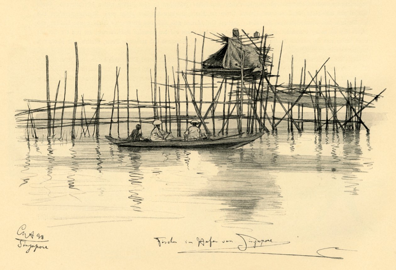 新加坡港的高跷屋和渔民，1898年。   作者 克里斯蒂安·威廉·艾尔斯