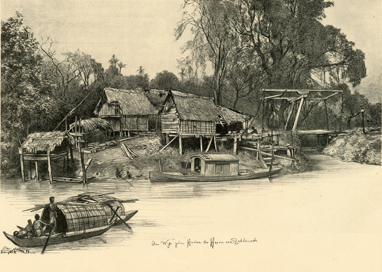 暹罗曼谷高跷上的房屋，1898年。   作者 克里斯蒂安·威廉·艾尔斯