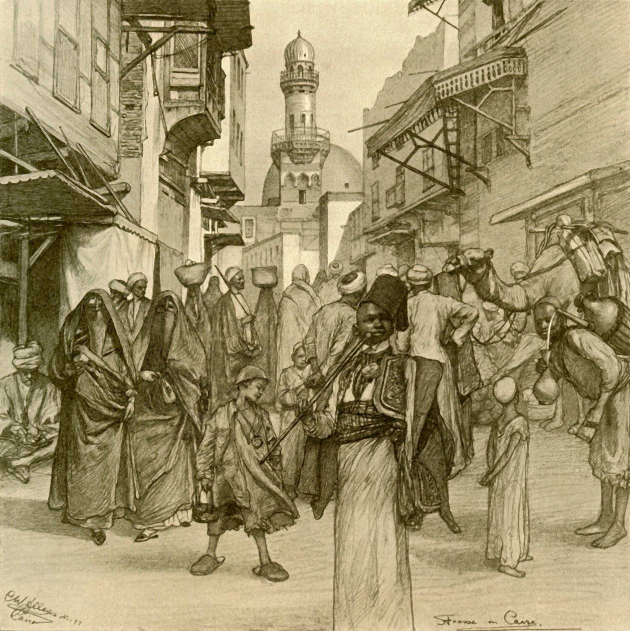 开罗的街道，1898年。 作者 克里斯蒂安·威廉·艾尔斯
