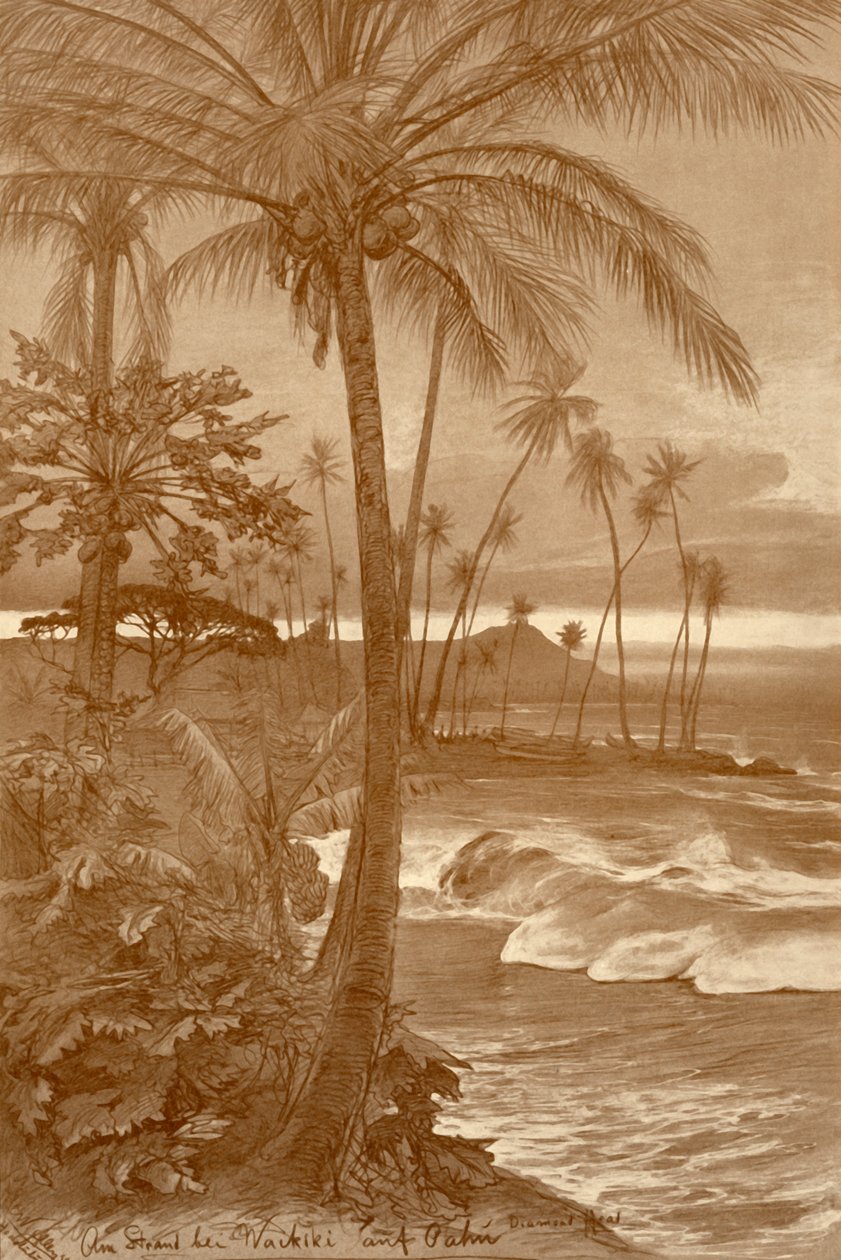 夏威夷威基基的海滩，1898年。   作者 克里斯蒂安·威廉·艾尔斯
